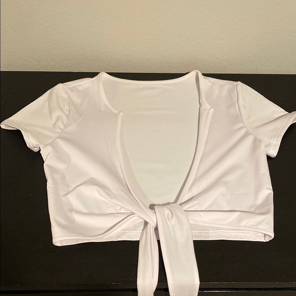 White Short Sleeve Crop Blouse with Tie Front